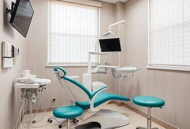 a dental room with a chair and a television