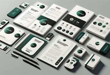 Conjunto organizado de materiais como folhetos e cartões de visitas, com identidade visual similar