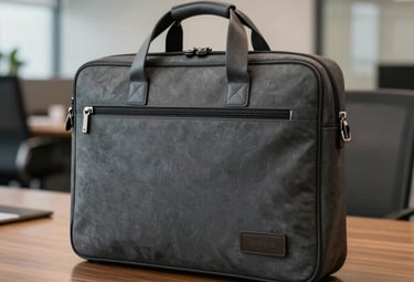 A close-up photograph of a sleek, charcoal gray professional laptop bag with leather accents, resting on a polished wooden desk in a modern corporate office in India.