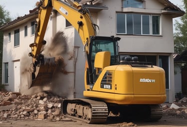 A large excavator is digging earth in a quarry, surrounded by mounds of dirt and sparse vegetation. The landscape includes a steep, eroded hill in the background with some green foliage on top.