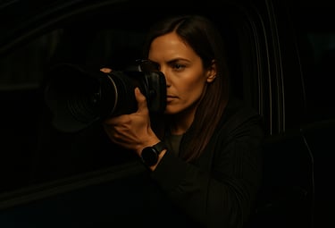 A private investigator taking surveillance photos with a professional camera from a dark car.