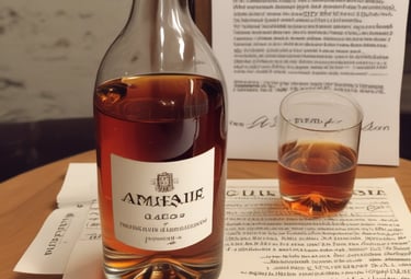 A bottle of Richelieu International brandy stands next to a glass filled with a similar amber liquid and ice, placed on a marble surface. The golden bottle cap is off and positioned on the right side of the bottle.