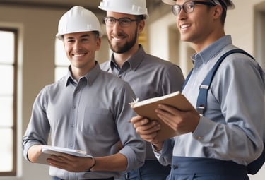 Three individuals are working on a mechanical engine under a sheltered area. One is wearing a blue hard hat and examining the engine closely. There are tools and boxes on the ground nearby, and a red metal bar is attached to the engine for support. Various vehicles including a truck and a motorcycle can be seen in the background.
