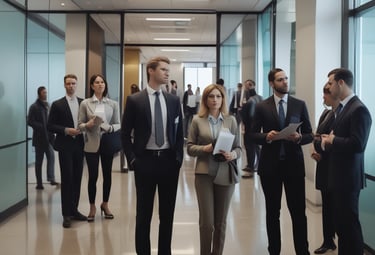 A modern, dimly lit interior with a sleek design dominated by large, criss-crossing ceiling lights. The reception area features a desk with red flowers and several people behind it. Large windows on the side let in some natural light, and the atmosphere is professional.