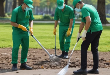 Several people wearing green uniforms and orange hats are cleaning a park area. They appear to be using brooms and bags to gather fallen leaves. The park is lush with trees and greenery, and the sunlight casts dappled shadows on the ground.