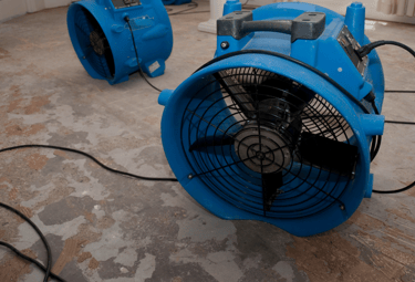 alt="Blue industrial fans and air movers used to dry water-damaged home flooring"