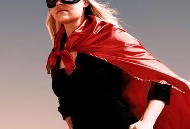  Femme en costume noir avec une petite cape rouge et une valise noir