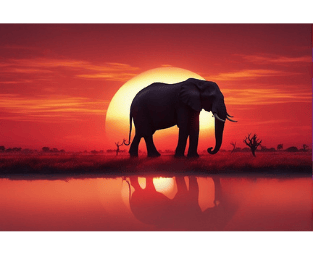 a large elephant walking across a field with a sunset in the background