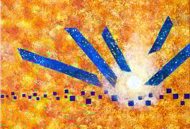 Abstract acrylic and paper collage painting of floating forms on a golden river