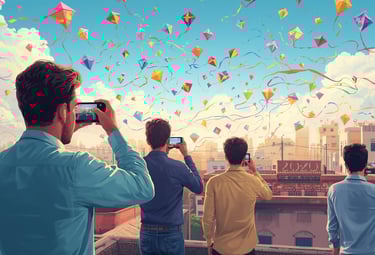 People taking videos and photos of Basant celebrations as colorful kites fill the sky in Lahore.