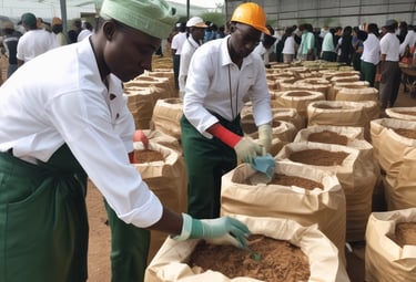 Stacks of export sacks loaded and prepared for global shipment under warm sunlight.