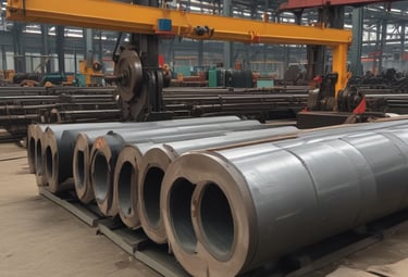 A collection of industrial tools and equipment scattered on a concrete surface. Several metal parts and pipes, including a red rectangular sign with white markings, rusty and worn, are visible. The area also contains a hydraulic component with hoses attached, along with various metal scraps and wooden planks.