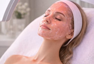 une femme pose avec un masque gelly sur le visage sous une lampe led pour un soin visage