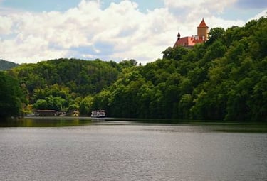 brno prehrada dam reservoir with castle, boat and lake