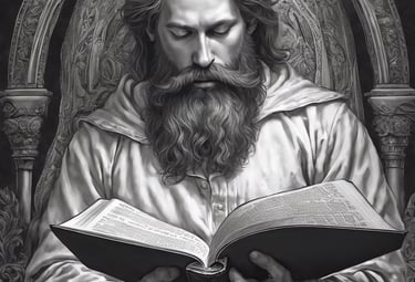 man holding a bible and a sword with facial hair