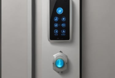 A wall-mounted setup featuring two black electronic control boxes labeled 'Advanced Access Control' by ZKTeco. Each box has indicator lights for power, run, and communication. The boxes are mounted on a wooden panel, surrounded by a variety of cables including yellow and white ones. The smaller box is mounted below the larger one and both have key locks.