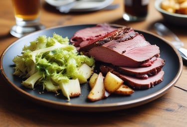 Hose-cured salt beef with duck fat roasties, braised savoy cabbage and house mustard.