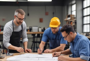 Ingenieros y técnicos revisan planos sobre una mesa de taller durante un módulo de capacitación empr