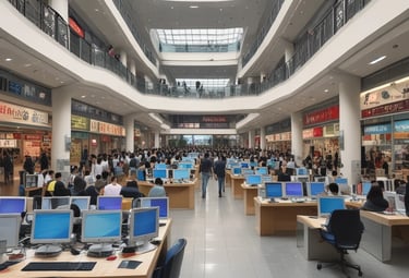 A bustling indoor market scene with many people engaged in buying and selling activities. There are stacks of packaged goods and containers around, and vendors are interacting with customers. The structure suggests a large warehouse with numbered sections on the pillars.