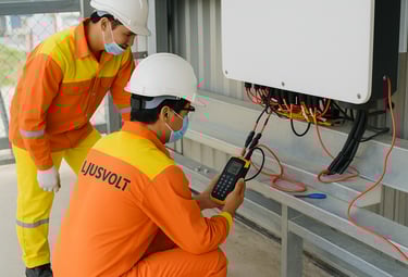 two men in orange safety gear are working on a lsolar inverter