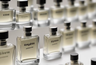 Multiple bottles of fragrance oil are neatly arranged on wooden shelves. The bottles vary in size and have labels with text both in English and another language. The lighting is warm, highlighting the sleek, dark-colored containers.