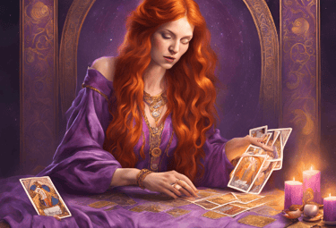 une femme habillée en violet lis le tarot en un clin d'œil avec âme et guérison