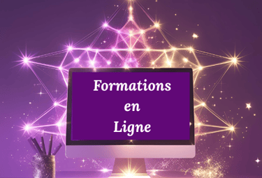 un ordinateur sur fond violet et une géométrie sacrée cours en ligne avec âme et guérison