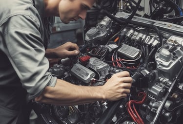 A person with short hair is working on or inspecting a motorcycle, surrounded by multiple bikes. They seem focused, with tools or gear possibly in their hands. The image is in black and white, highlighting the contrast and details in the machinery.