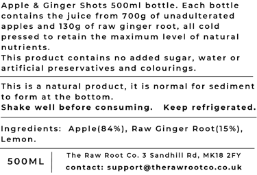 Label from the Apple & Ginger health and wellness shot bottle from The Raw Root Co.