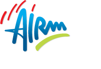 Blue stylized AIRm logo featuring red accent lines and a green underline on a white background.