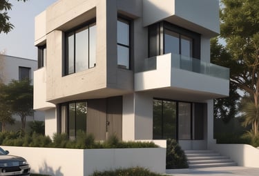 An aerial view of a residential area shows a construction site in the center, surrounded by roads and several houses with red roofs. The site features partially built structures with exposed concrete and construction materials. Greenery and trees fill the surrounding landscape, along with additional houses featuring swimming pools.