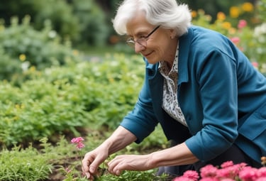 A person in a power wheelchair is smiling while opening a drawer in a kitchen. The kitchen features cabinets, a microwave, and a refrigerator. The person is wearing glasses and a pink patterned blouse with dark pants.