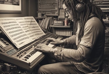 grayscale photo of man playing DJ mixing console