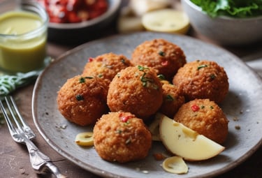 A close-up view of a plate stacked with cannoli, showing their crispy shells filled with creamy filling, dusted with powdered sugar. In the blurred background, a hand reaches towards jars filled with ingredients.