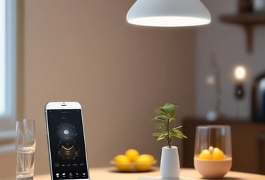 A hand is holding a boxed product labeled 'Home' with the Google logo, indicating it's a voice-activated speaker by Google. The background includes a partially visible tree and a room setting with a fireplace.