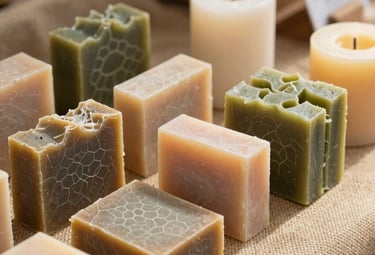 A detailed shot of handcrafted soaps and beeswax candles displayed on a natural burlap cloth at a Midwestern market. The scene is illuminated by soft, warm daylight, highlighting the organic textures and olive green accents.