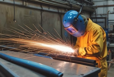 Welding process with sparks flying in an industrial workshop.