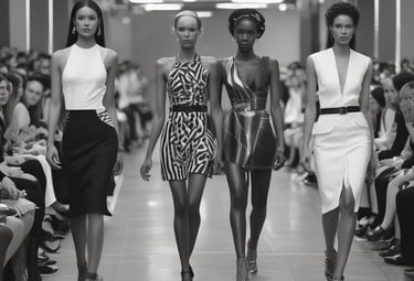 A fashion runway scene with models walking, showcasing diverse outfits in an indoor setting. The focus is on a shirtless male model wearing a colorful jacket, surrounded by other models displaying unique and stylish garments.