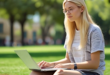 A university campus with students walking and engaging in discussions.