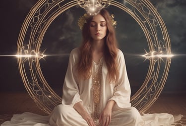 A person is seen holding a wooden singing bowl with a mallet positioned over it, suggesting it is ready to be used. On a textured surface below are various objects including a bundle of sage tied with string, an abalone shell, and a few crystals or stones, creating a serene and spiritual atmosphere.