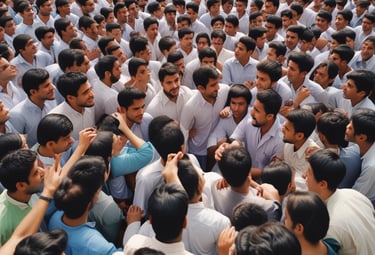 A group of people are marching in a city street, holding signs with slogans like 'Freedom Movement.' The crowd consists of men and women of various ages, some dressed casually, with one individual speaking through a megaphone. The scene is set against a backdrop of historic buildings.