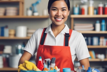 Image of a professional cleaner arranging cleaning tools with a warm smile.