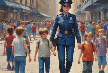 a police officer walking down a street with children
