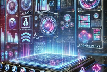 Futuristic workspace with holographic AI tools, digital products, and custom GPT interfaces in vibrant neon lights.