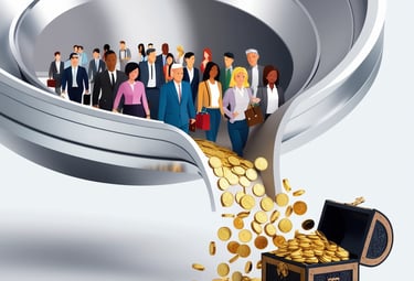 a group of people standing around a chest of gold coins. Sales funels whith people and gold coins.