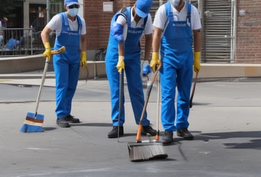 Two workers in protective gear are cleaning the large glass windows of a modern building. They are suspended mid-air by ropes and harnesses, equipped with cleaning tools.