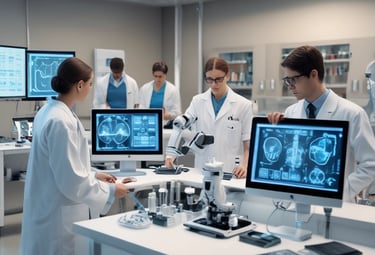 Two individuals stand on either side of a large banner for the BioPharmaceuticals Academy Masterclass. They both wear name tags and appear to be smiling. The banner lists various topics related to pharmaceuticals, including biologics and cell banks.