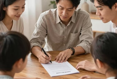 Friendly lawyer discussing family law matters with clients around a table.