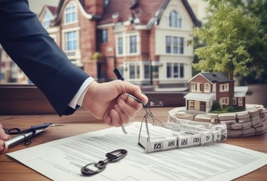 A view of the upper floors of a light-colored building with multiple windows and ornate architectural details. A red and white 'For Sale' sign with contact information is visible on the building's facade. The building is surrounded by greenery, and there are overhead utility lines. The sky above is partly cloudy with patches of blue.