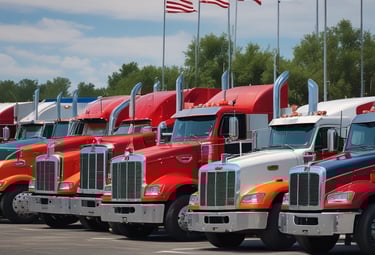 Five trucks are parked in a row on a dusty ground against a backdrop of mountainous terrain. The trucks are of different colors and types, including cement mixers and loaders, with industrial buildings in the background.